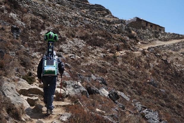 A memeber of the Google Street View team uses a backpack-mounted camera to capture footage in Nepal's Khumbu region. Google in March this year launched a virtual tour of the Everest region. (AFP Photo)